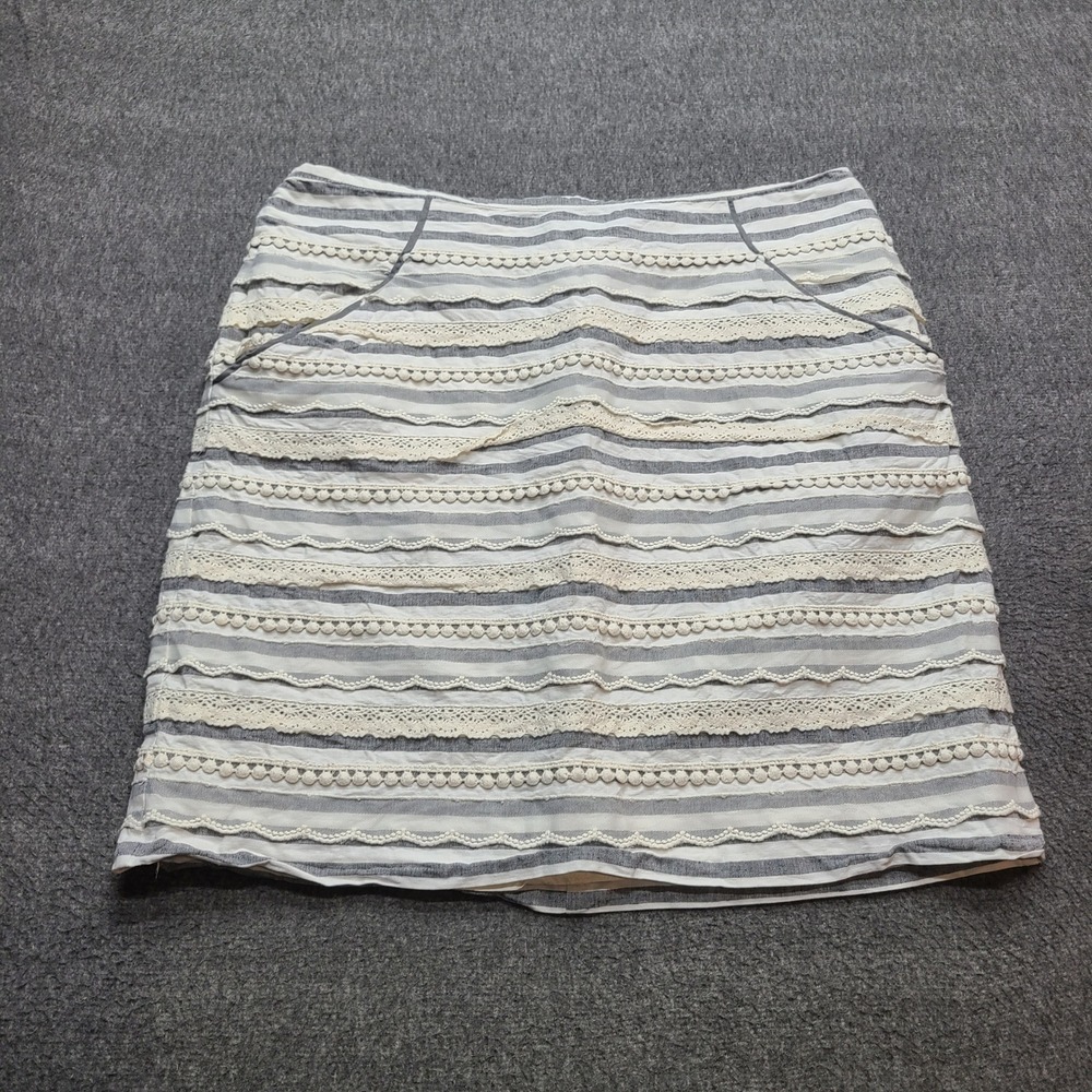 Tabitha Anthropologie Mini Skirt Womens 8 Grey White Excellent Lace Trim Striped